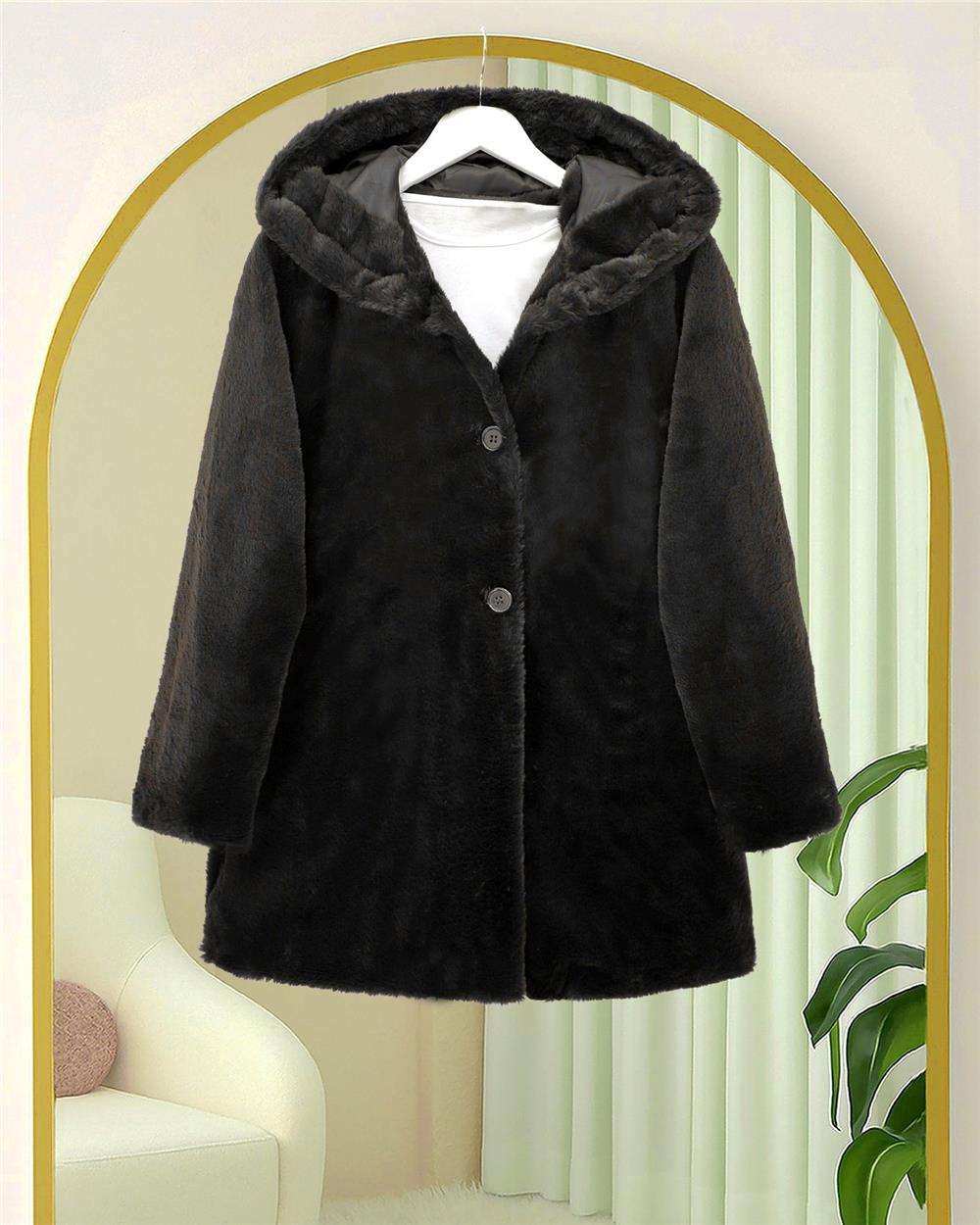 Kapşonlu Önü Düğmeli Astarlı Peluş Kaban  -Siyah-348-2166-R01
