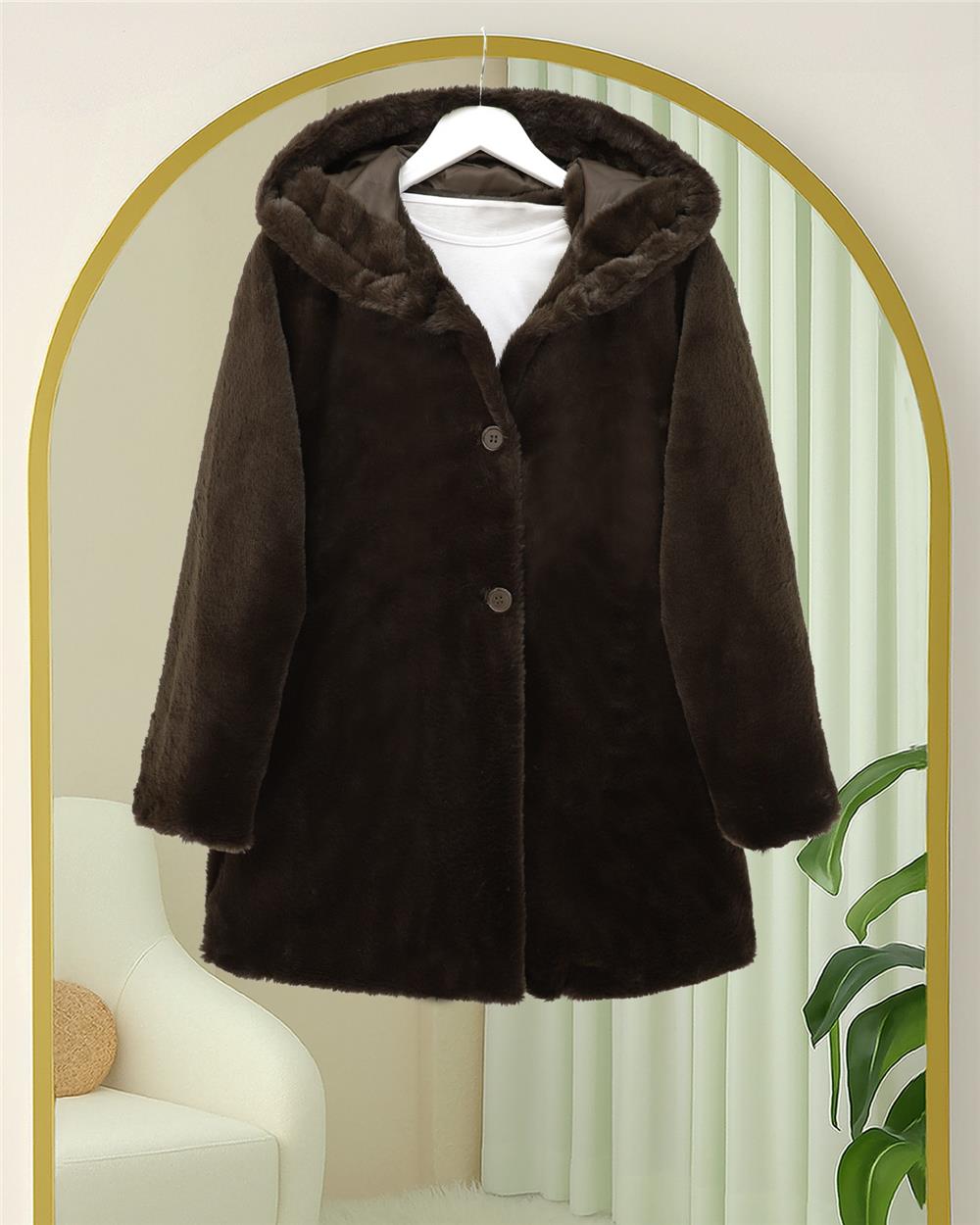 Kapşonlu Önü Düğmeli Astarlı Peluş Kaban -K. Kahve-348-2166-R54