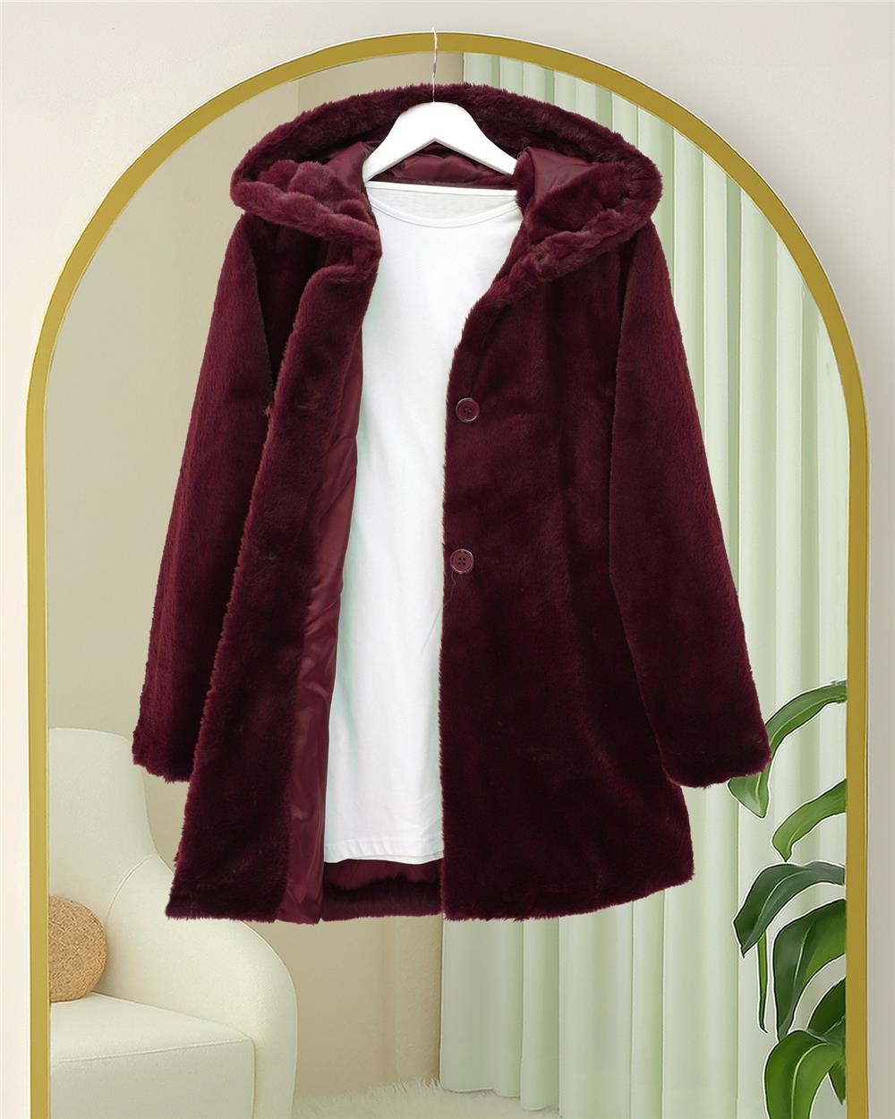 Kapşonlu Önü Düğmeli Astarlı Peluş Kaban -Bordo-348-2166-R04