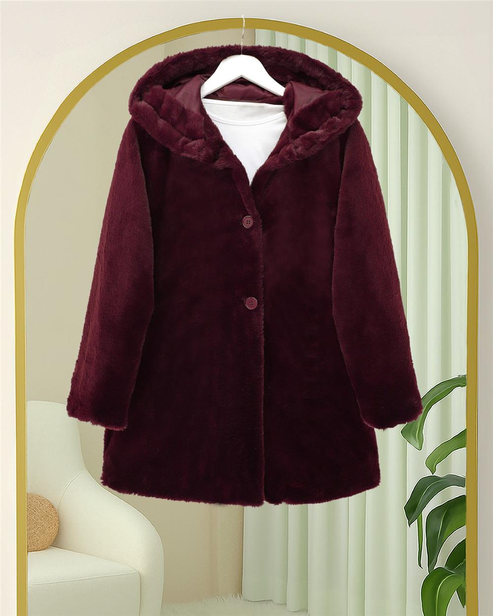 Kapşonlu Önü Düğmeli Astarlı Peluş Kaban -Bordo-348-2166-R04