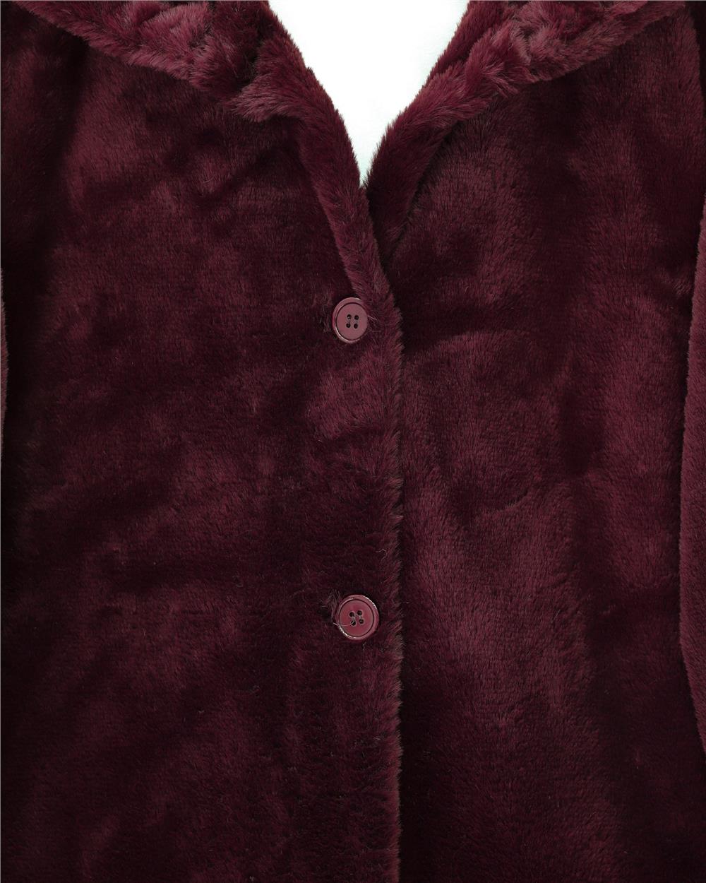 Kapşonlu Önü Düğmeli Astarlı Peluş Kaban -Bordo-348-2166-R04