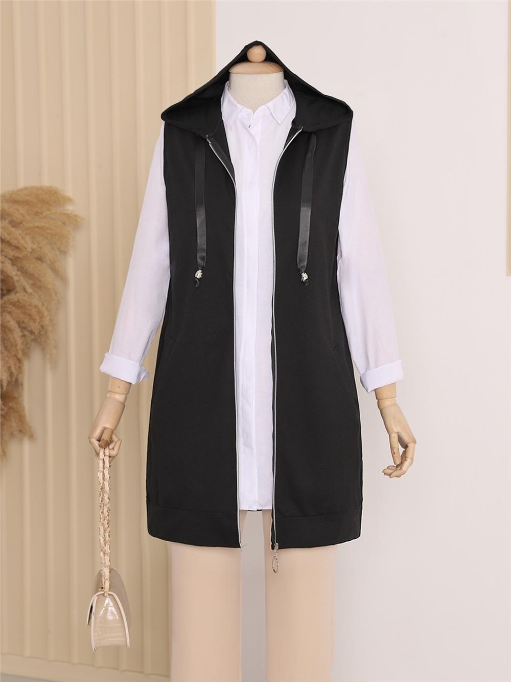 Kapşonlu Penye Yelek -Black-222-6703-R01