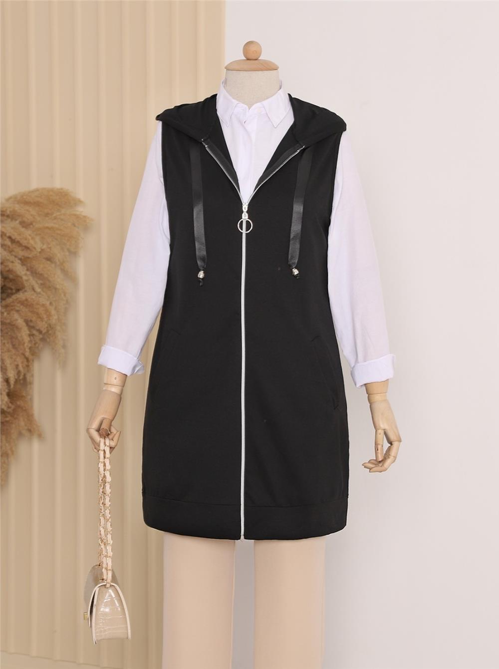 Kapşonlu Penye Yelek -Black-222-6703-R01