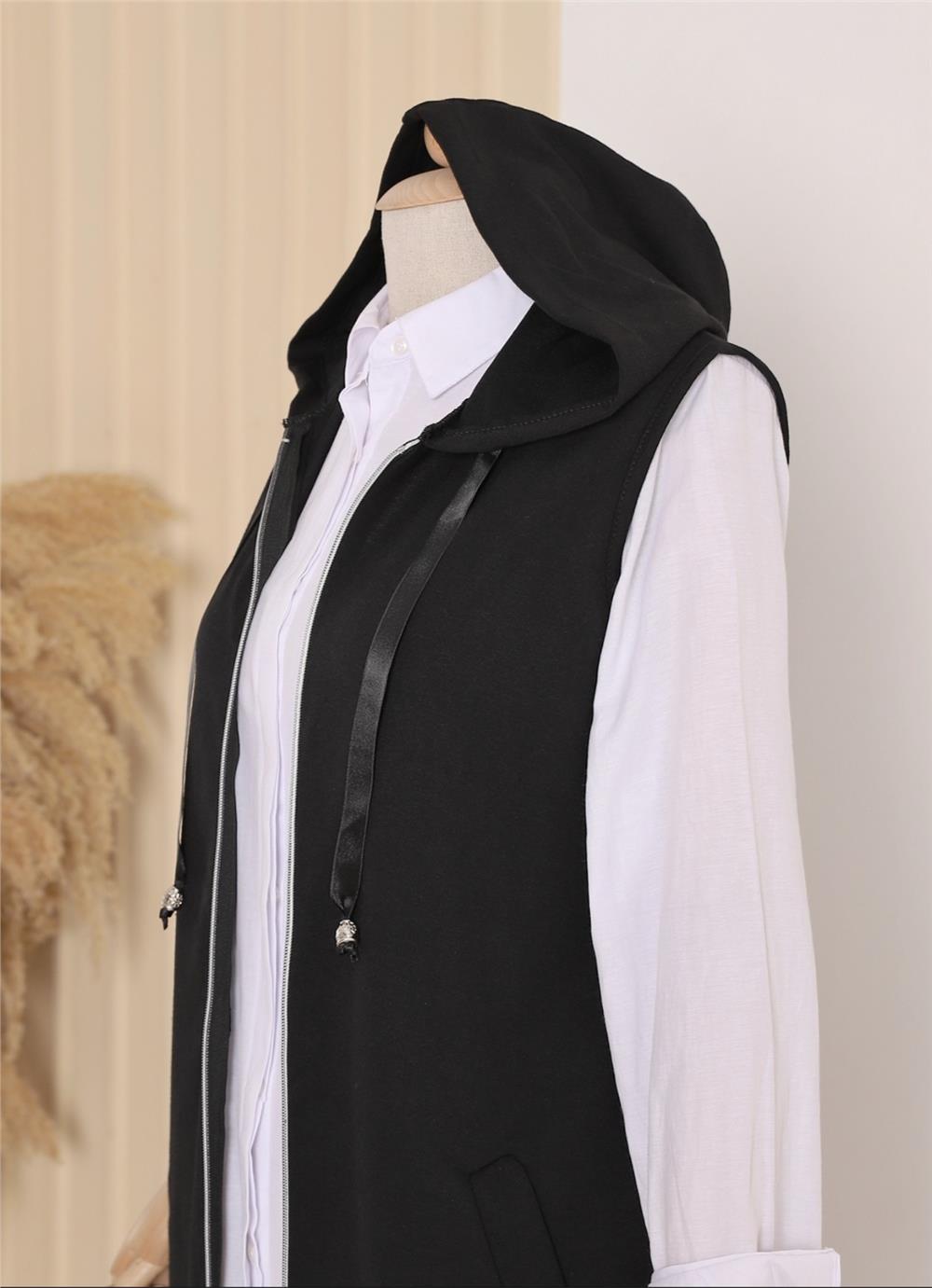 Kapşonlu Penye Yelek -Black-222-6703-R01