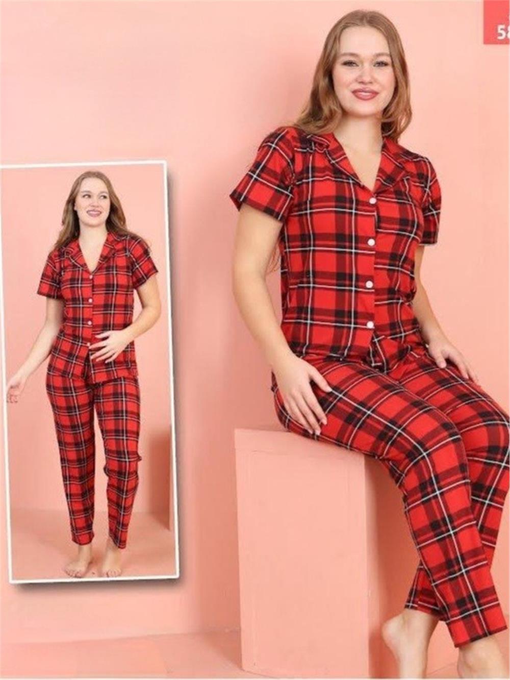 Kareli Düğmeli Kısa Kollu Pijama Takımı -Kırmızı-416-58804-R33