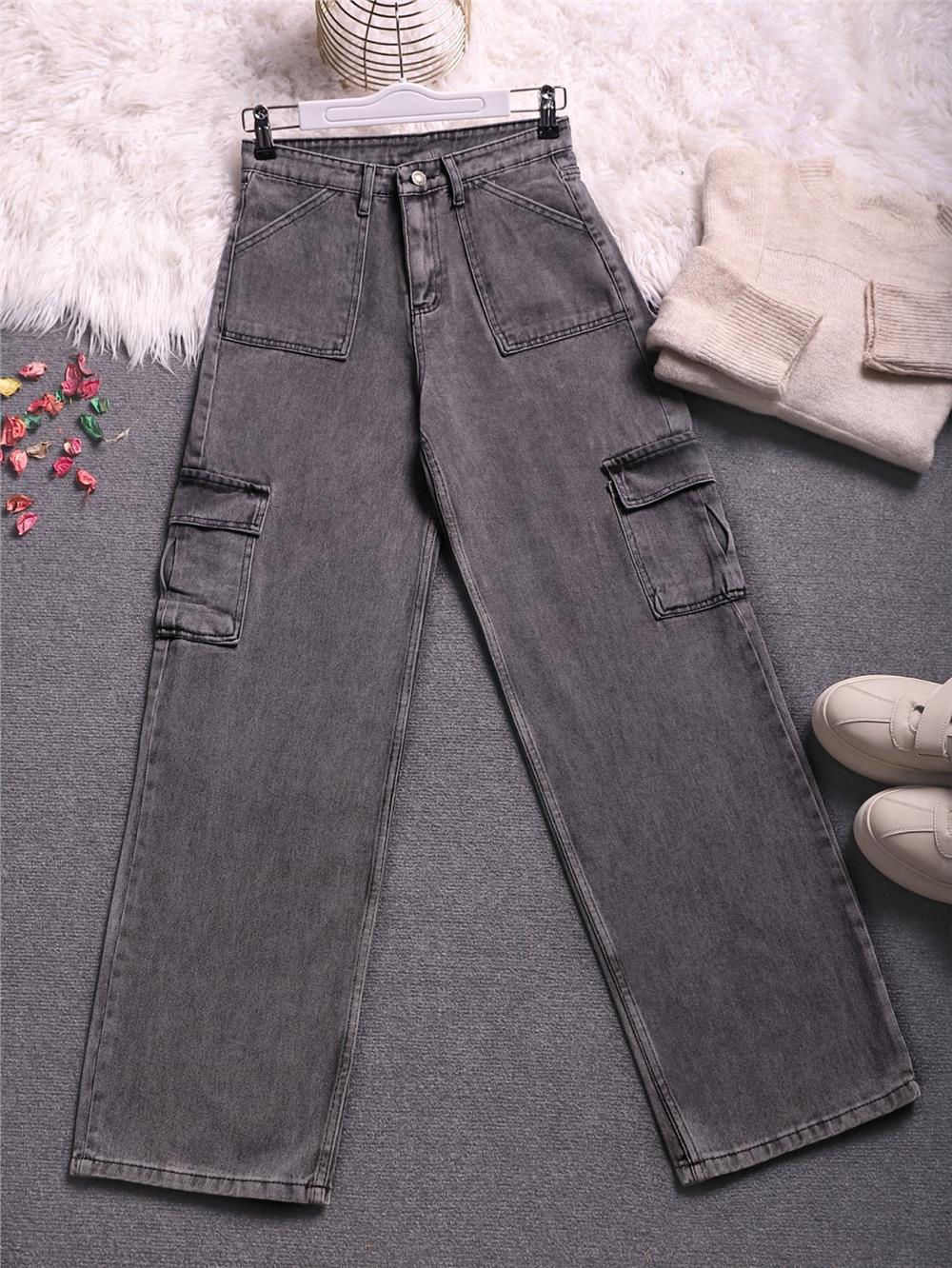 Wide Leg Jeans with Cargo Pockets -Smoked-318-4833-R18