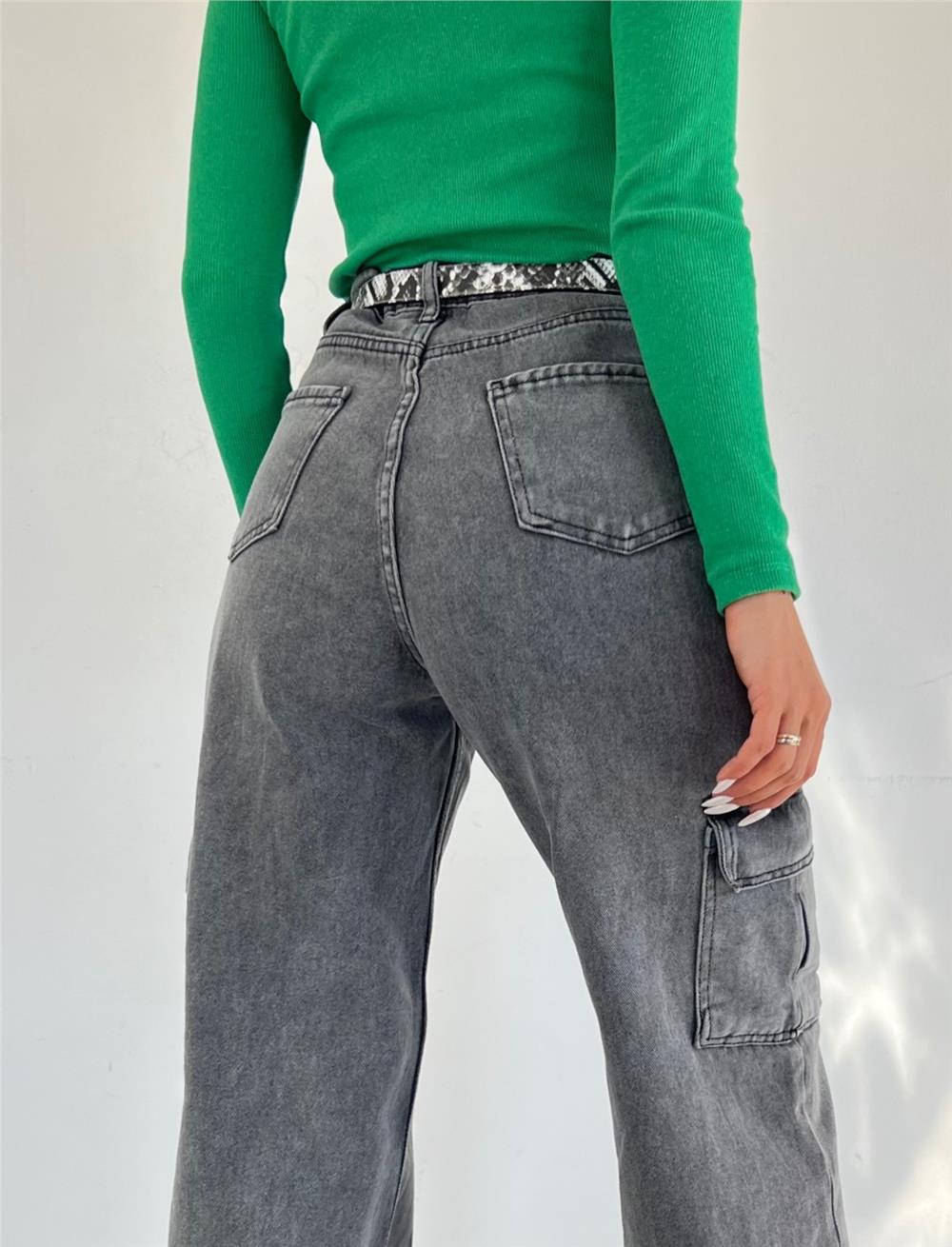 Wide Leg Jeans with Cargo Pockets -Smoked-318-4833-R18