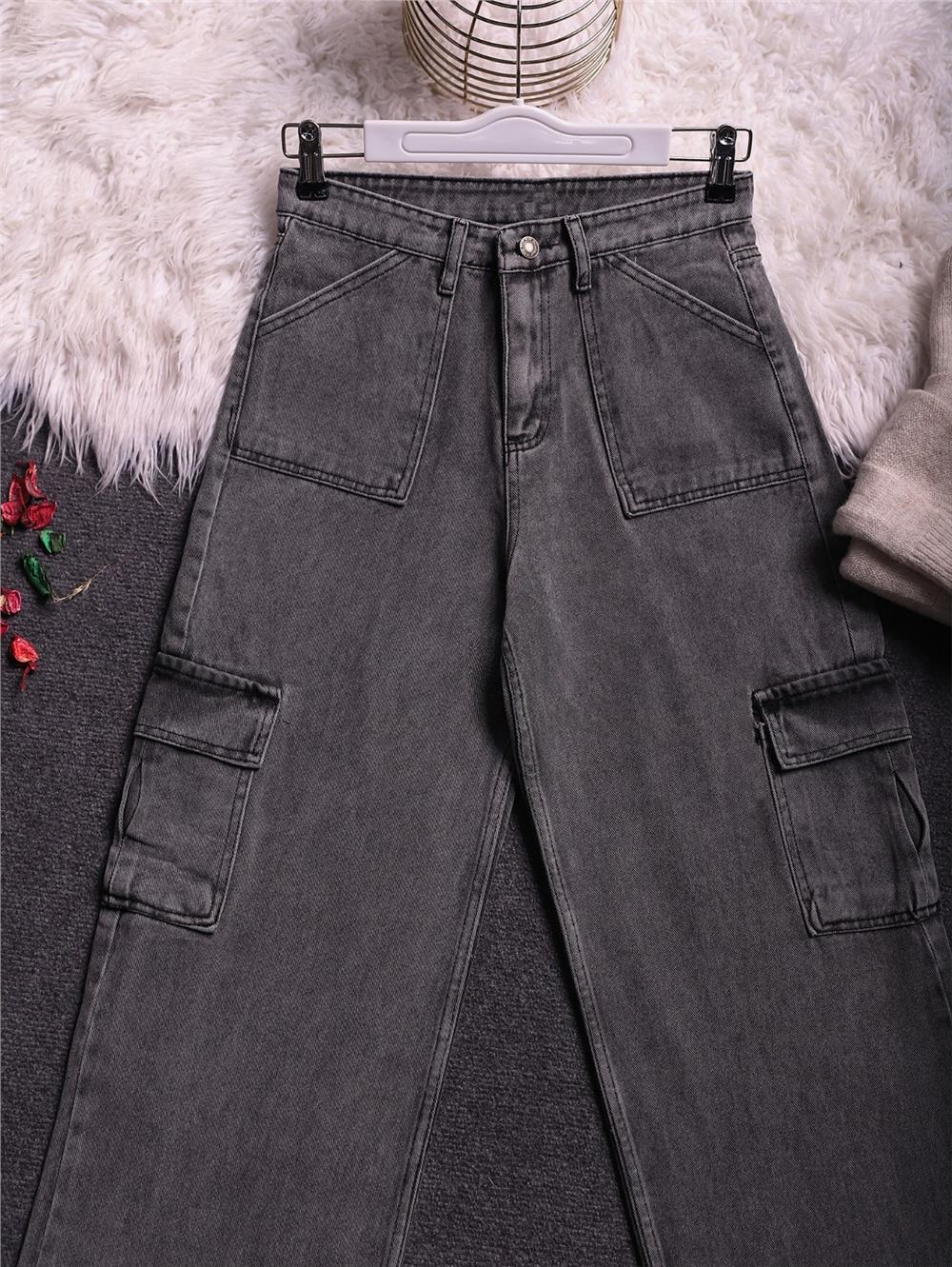 Wide Leg Jeans with Cargo Pockets -Smoked-318-4833-R18