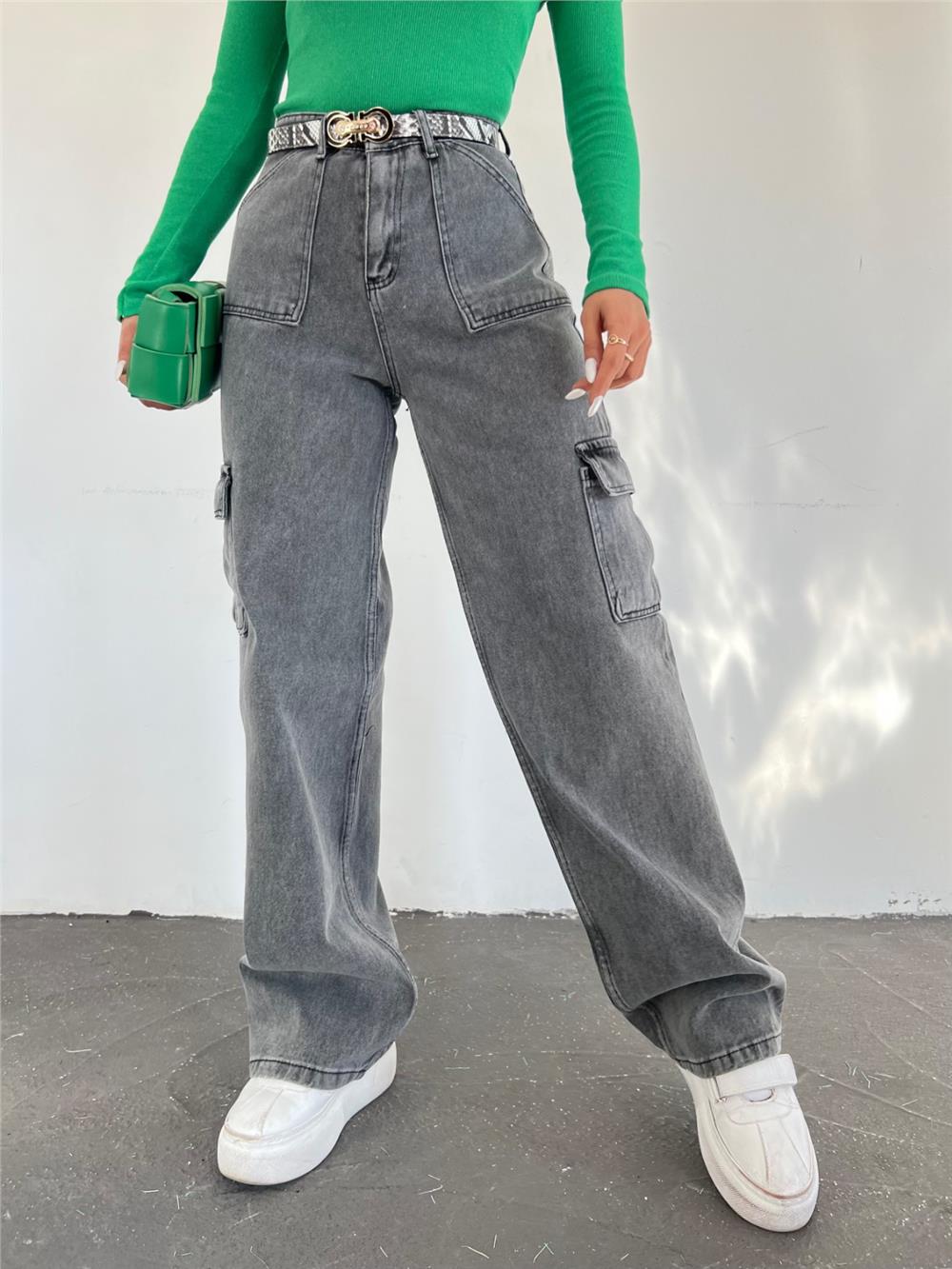 Wide Leg Jeans with Cargo Pockets -Smoked-318-4833-R18