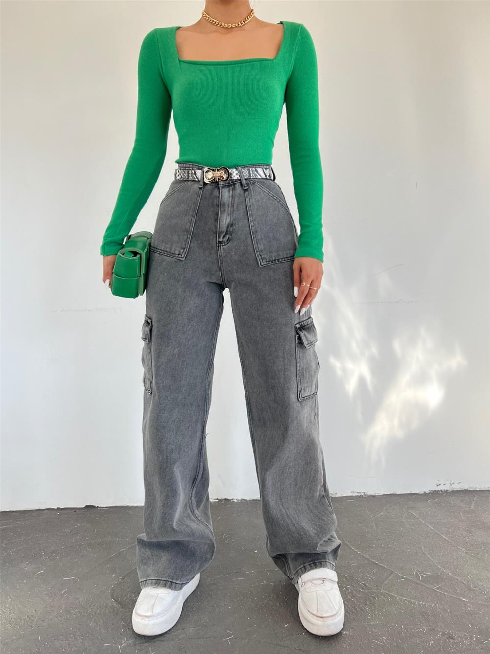 Wide Leg Jeans with Cargo Pockets -Smoked-318-4833-R18