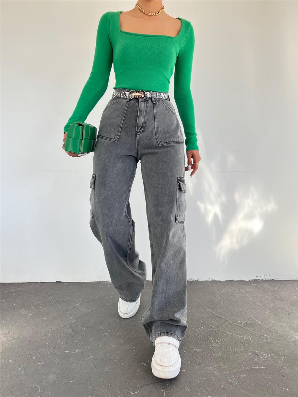 Wide Leg Jeans with Cargo Pockets -Smoked-318-4833-R18