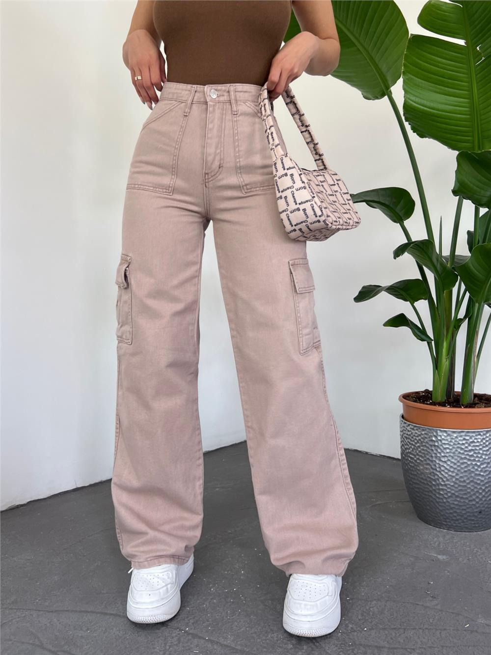 Kargo Cepli Bol Paça Kot Pantolon   -Vizon-318-4833-R23
