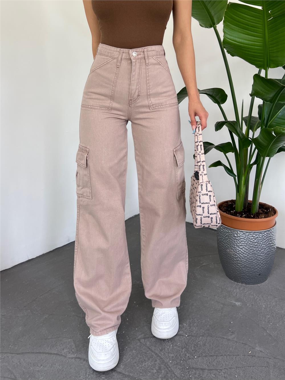 Kargo Cepli Bol Paça Kot Pantolon   -Vizon-318-4833-R23