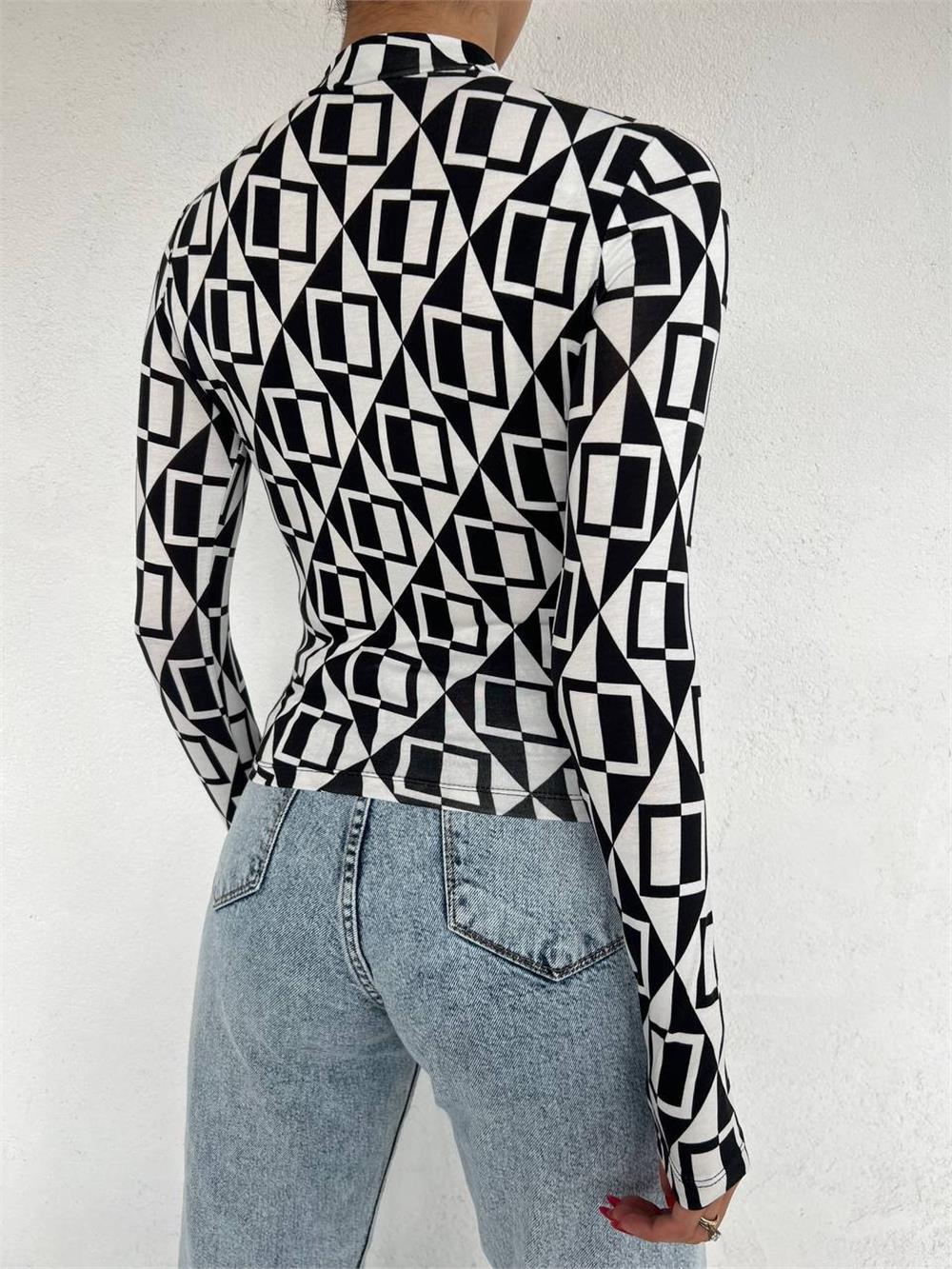 Mixed Pattern Half-Neck Blouse -Color-358-10048-R38