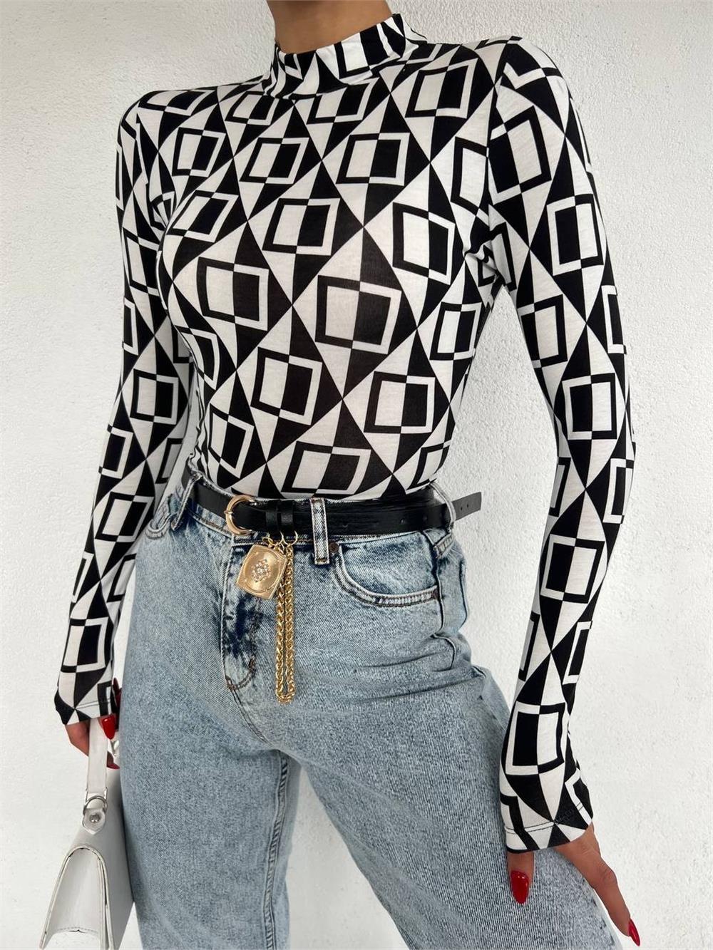 Mixed Pattern Half-Neck Blouse -Color-358-10048-R38