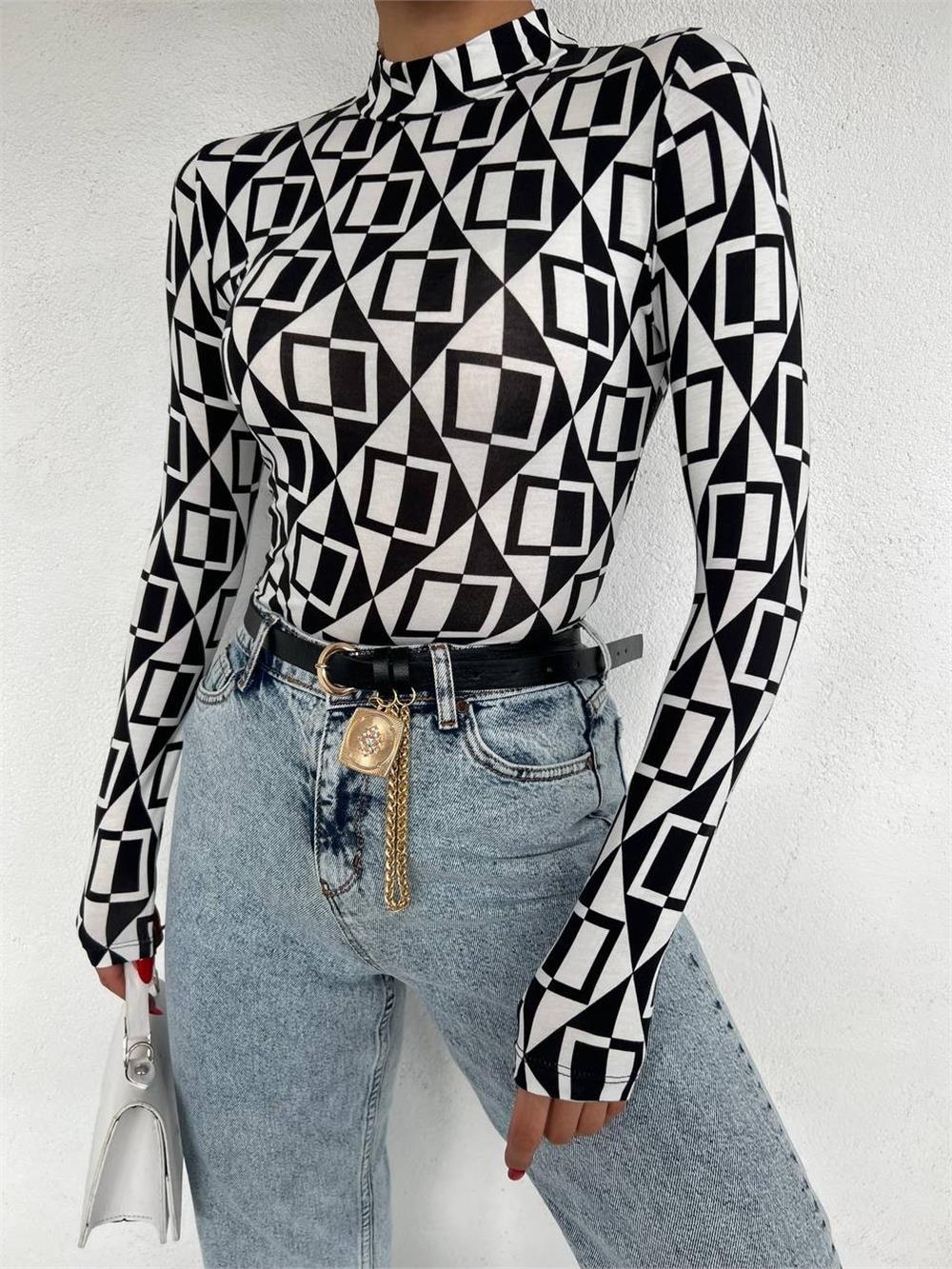 Mixed Pattern Half-Neck Blouse -Color-358-10048-R38