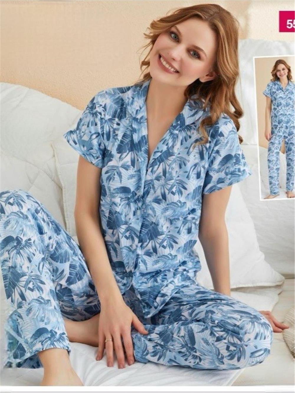 Karışık Yaprak Desenli Viskon Pijama Takımı -Mavi-416-55039-R31