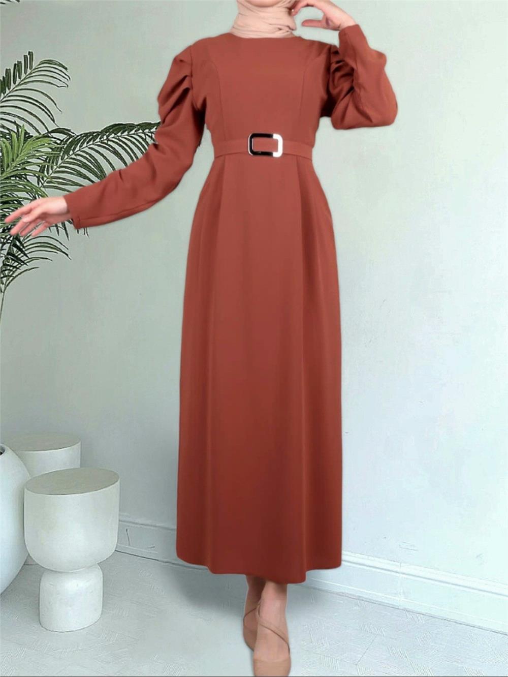 فستان بحزام وبأكمام البطيخ - أسمر ضارب للصفرة-347-3004-R12