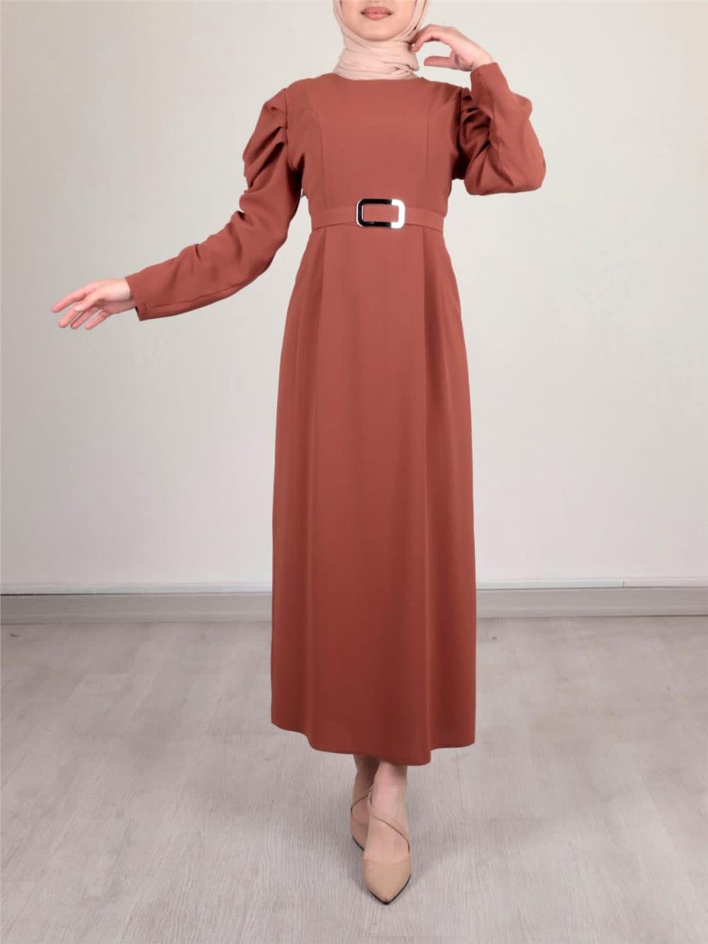 فستان بحزام وبأكمام البطيخ - أسمر ضارب للصفرة-347-3004-R12
