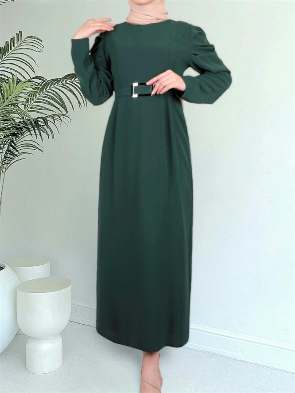 فستان بحزام وبأكمام بطيخية - زمرد-347-3004-R17