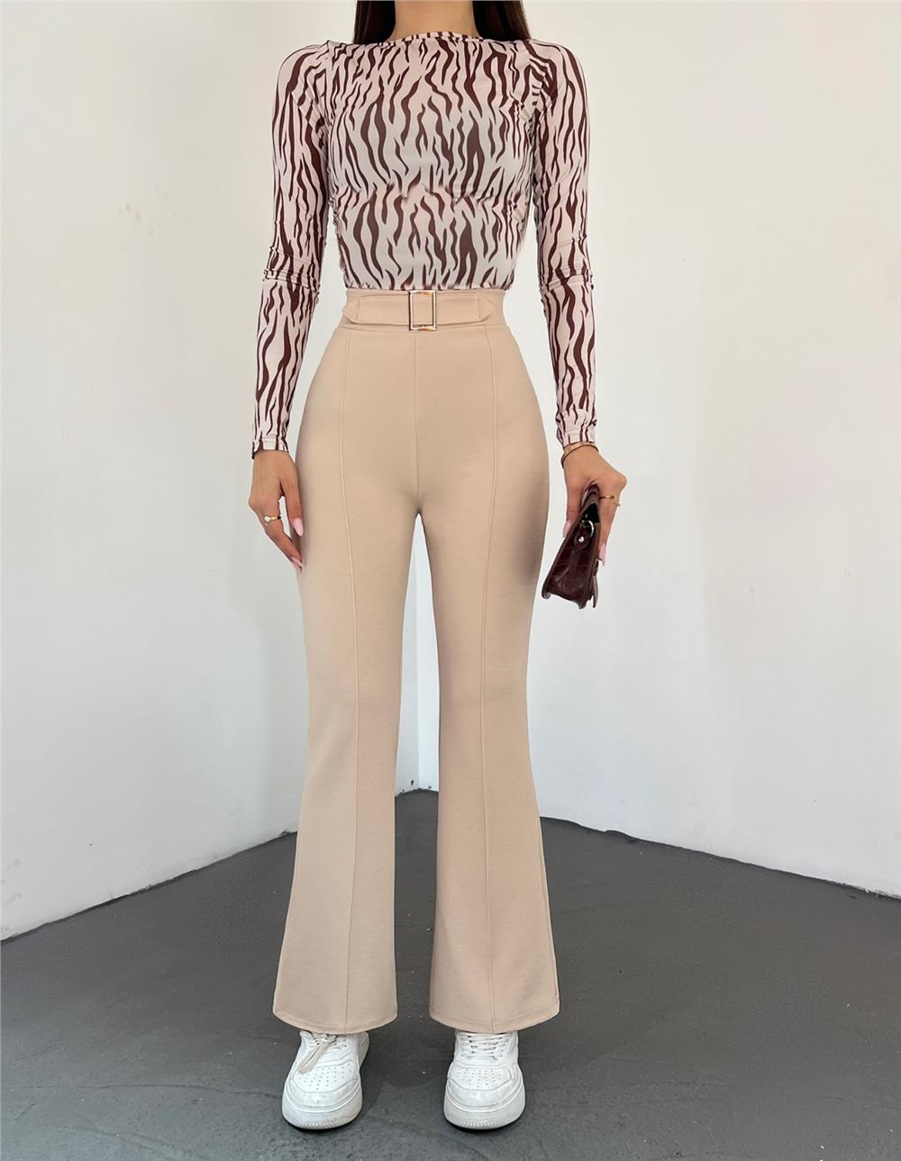Belt Buckle Detailed Elastic Waist Trousers - Stone-306-4092-R43
