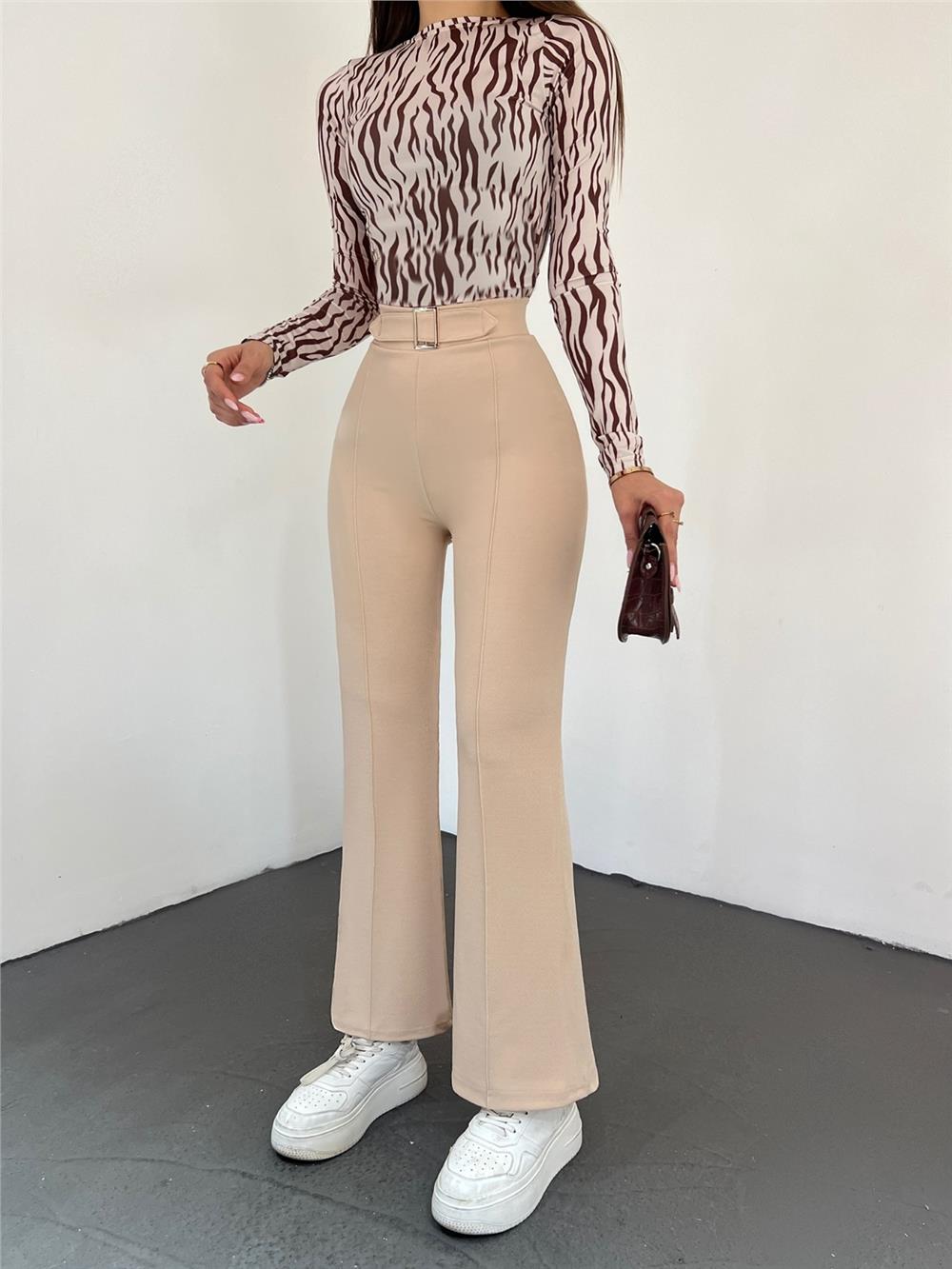 Belt Buckle Detailed Elastic Waist Trousers - Stone-306-4092-R43