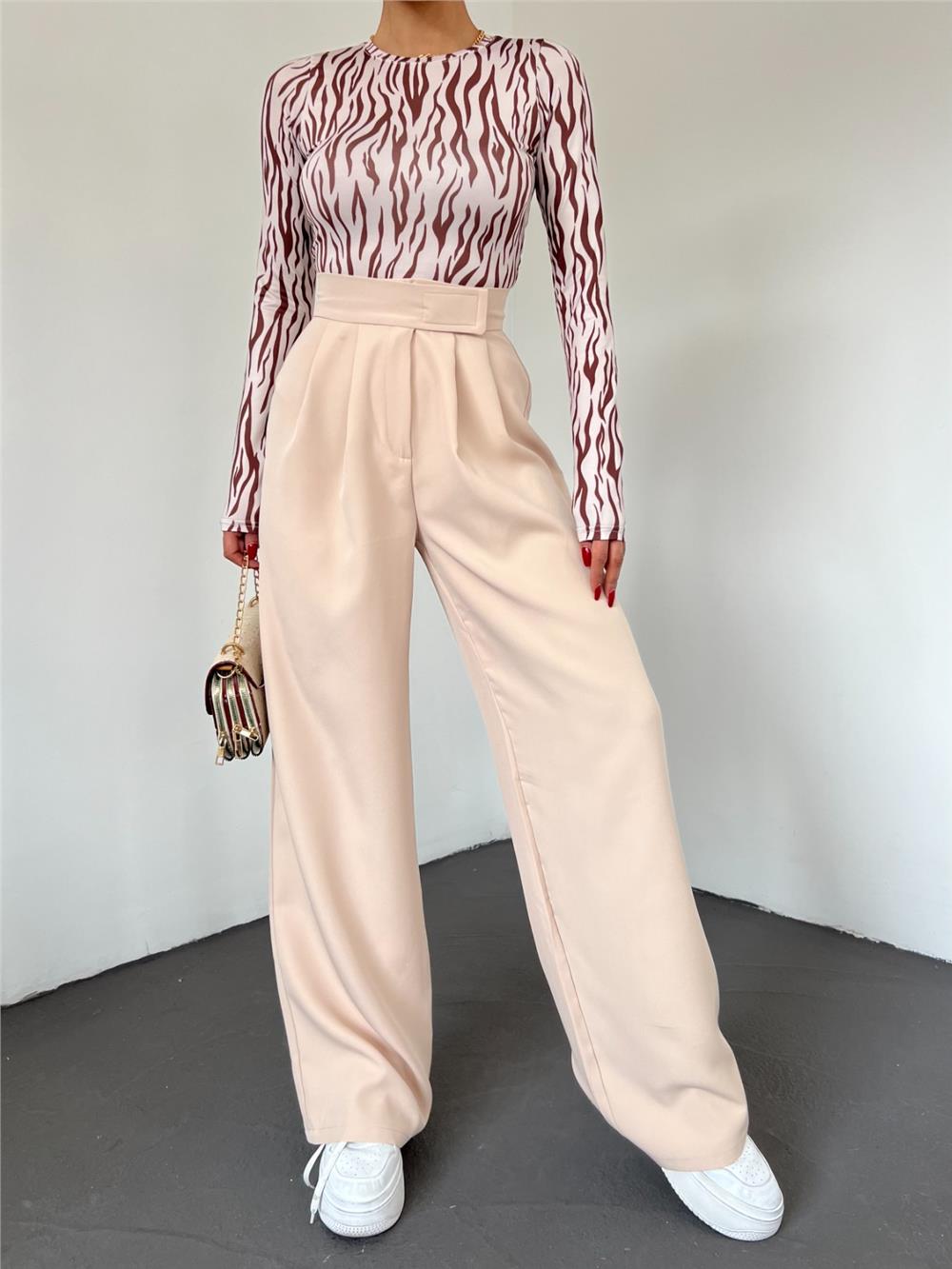 Belt Velcro Pleated Wide Leg Trousers -Beige-365-1082-R56