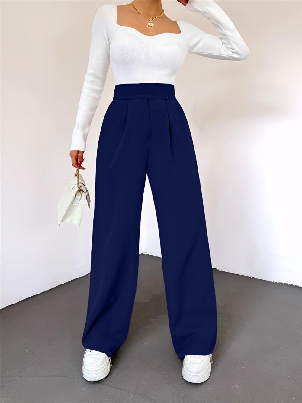 Pleated Wide Leg Trousers with Velcro Belt - Navy Blue-365-1082-R03