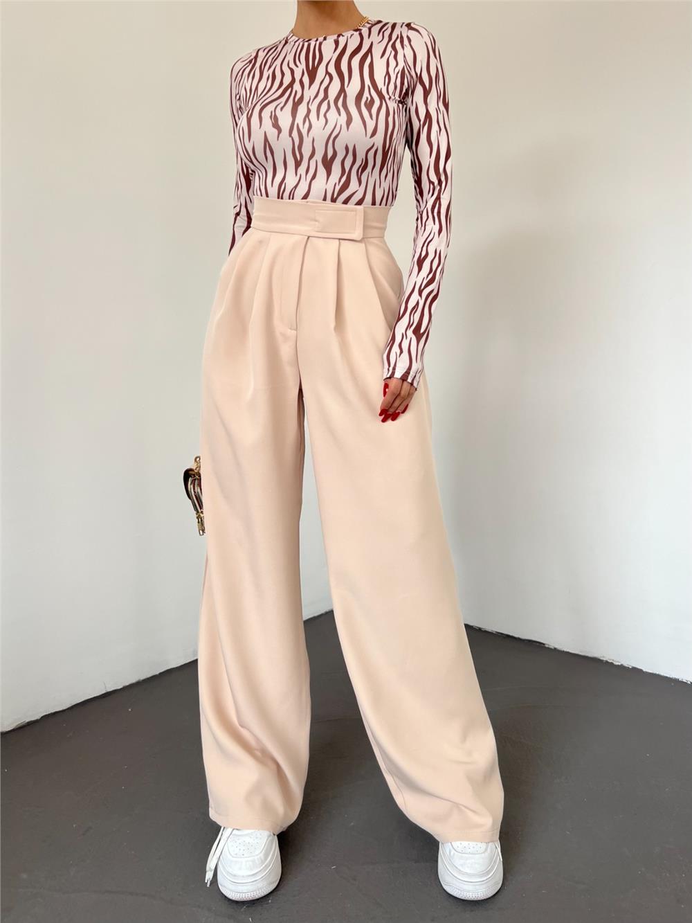 Belt Velcro Pleated Wide Leg Trousers -Beige-365-1082-R56