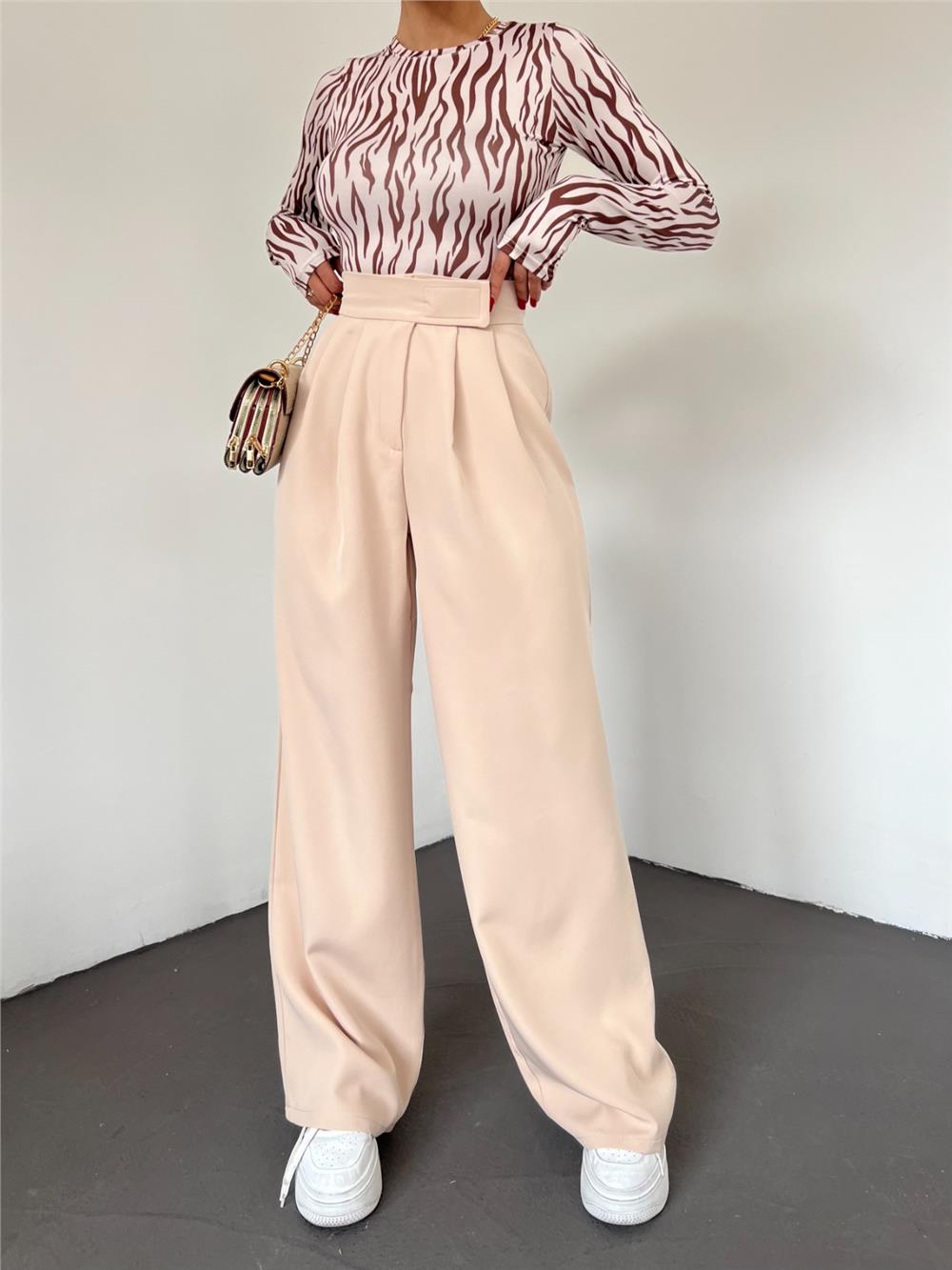 Belt Velcro Pleated Wide Leg Trousers -Beige-365-1082-R56
