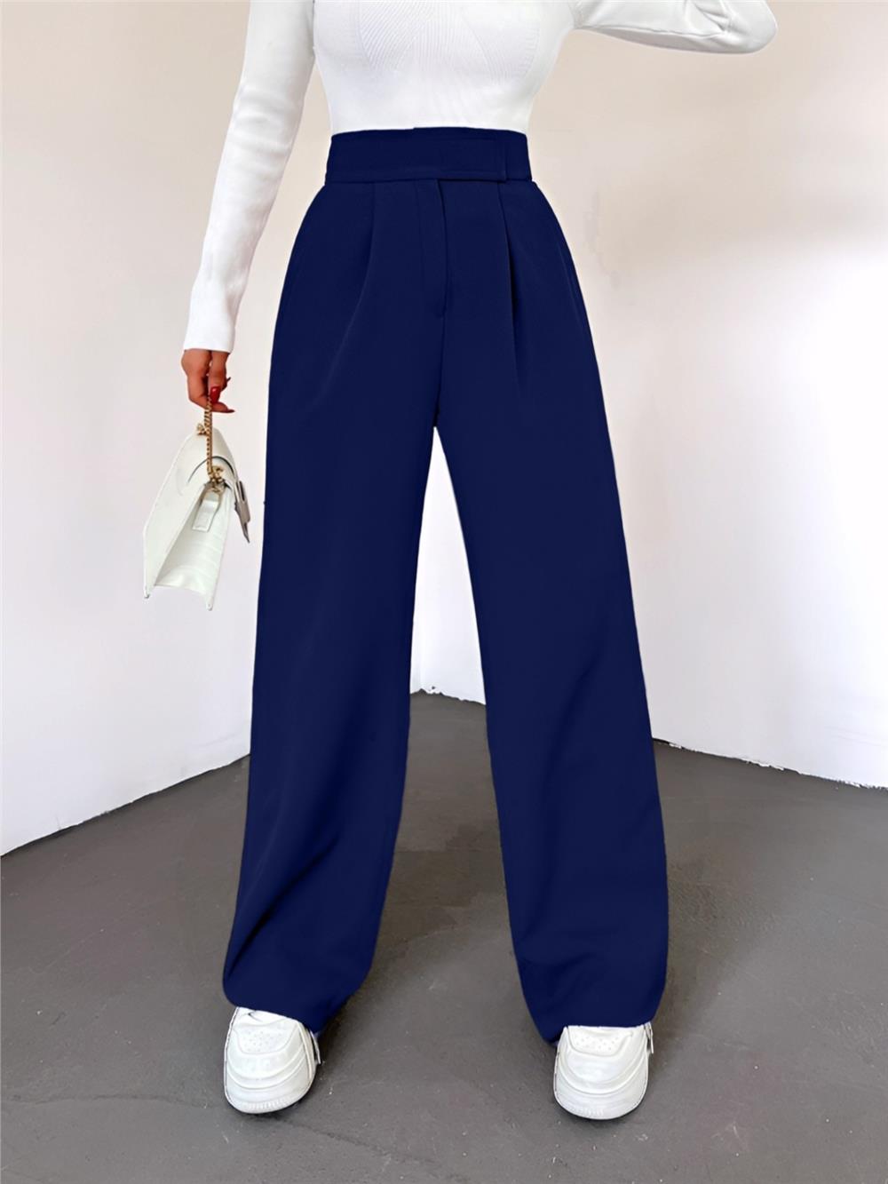 Pleated Wide Leg Trousers with Velcro Belt - Navy Blue-365-1082-R03