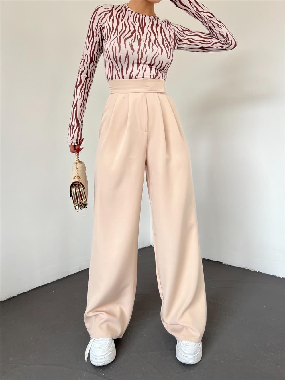 Belt Velcro Pleated Wide Leg Trousers -Beige-365-1082-R56