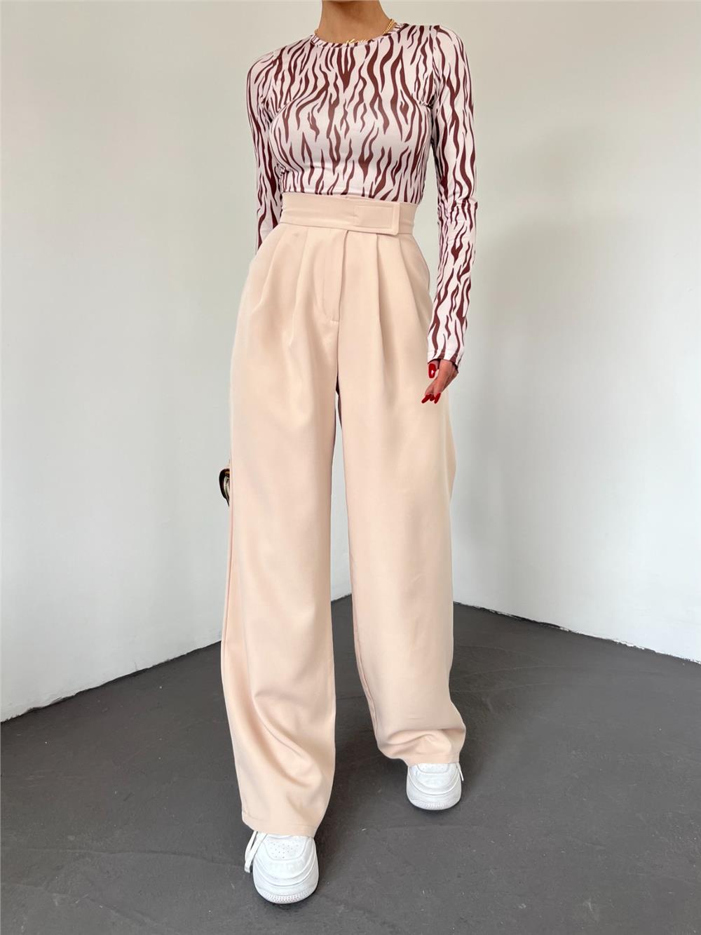 Belt Velcro Pleated Wide Leg Trousers -Beige-365-1082-R56