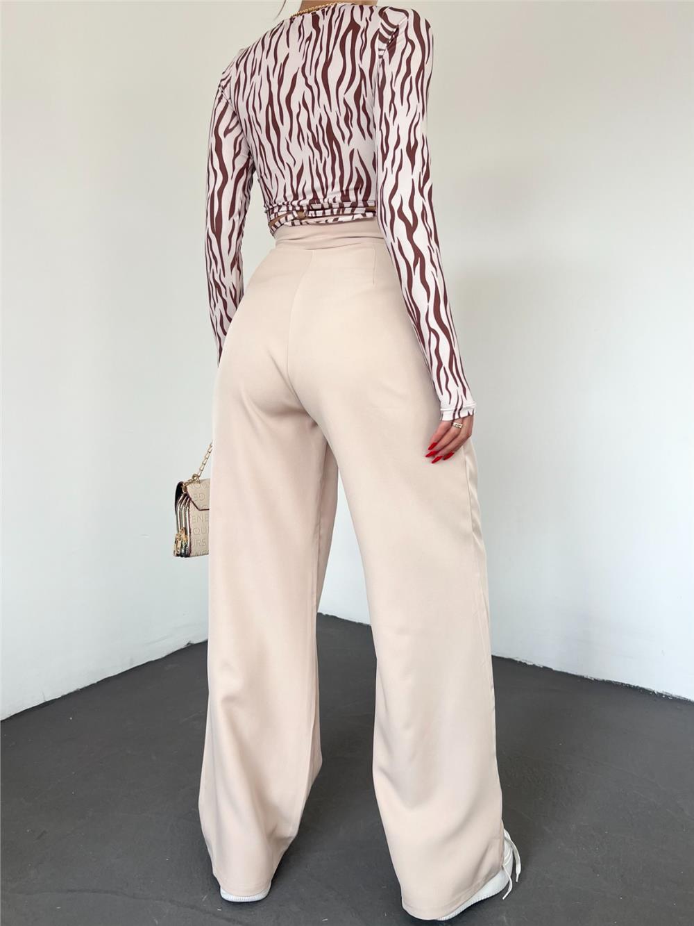 Belt Velcro Pleated Wide Leg Trousers -Beige-365-1082-R56