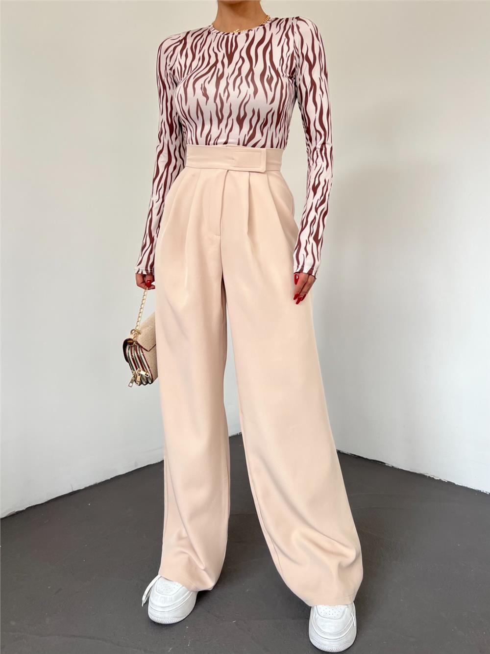 Belt Velcro Pleated Wide Leg Trousers -Beige-365-1082-R56