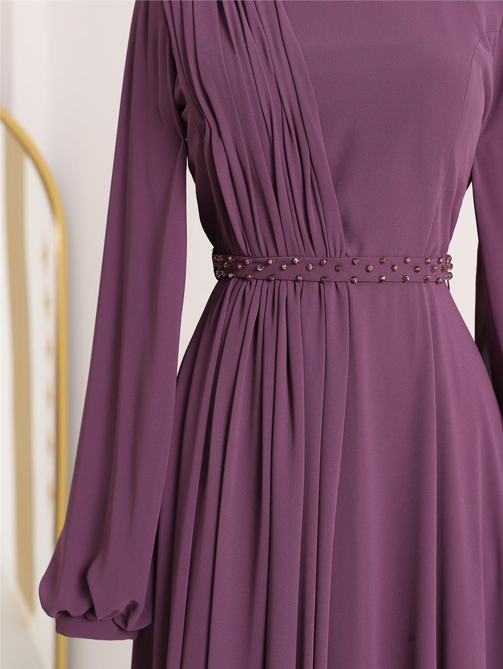 Evening Dress with Stone Belt -Purple-311-3986-R34