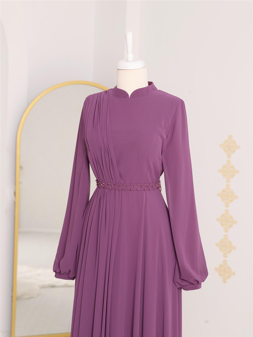Evening Dress with Stone Belt -Purple-311-3986-R34