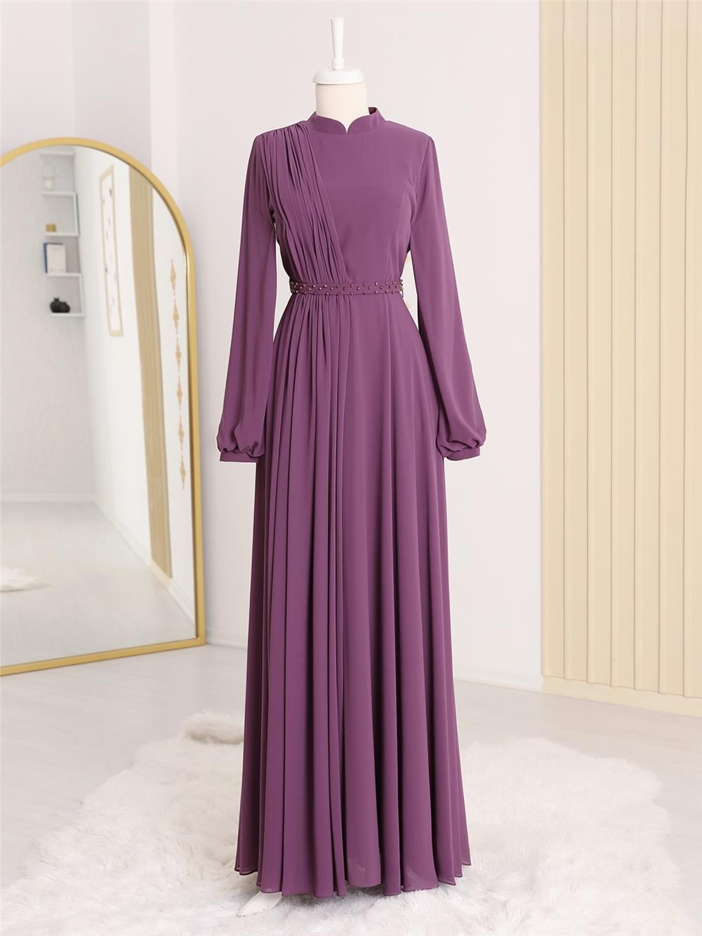 Evening Dress with Stone Belt -Purple-311-3986-R34