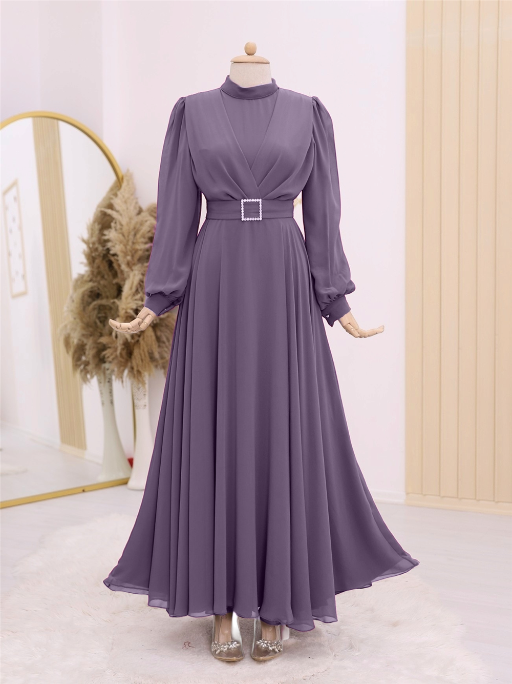 Kemeri Taşlı Önü Pileli Tesettür Elbise   -Vişne-111-60966-R44