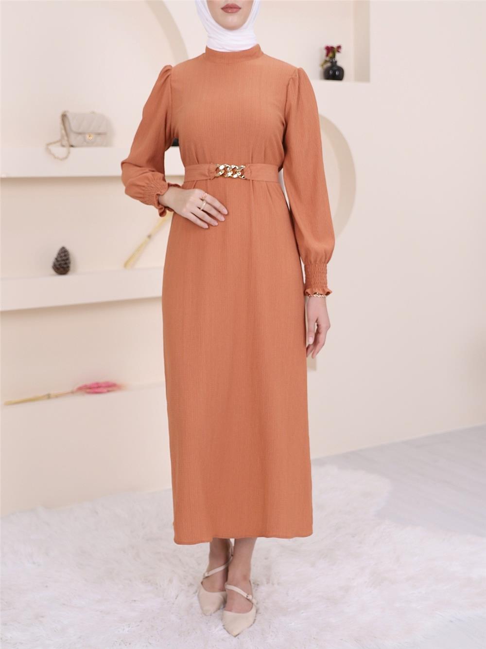 فستان حجاب مجعد ومفصل بسلسلة حزام - سلمون-347-4118-R13
