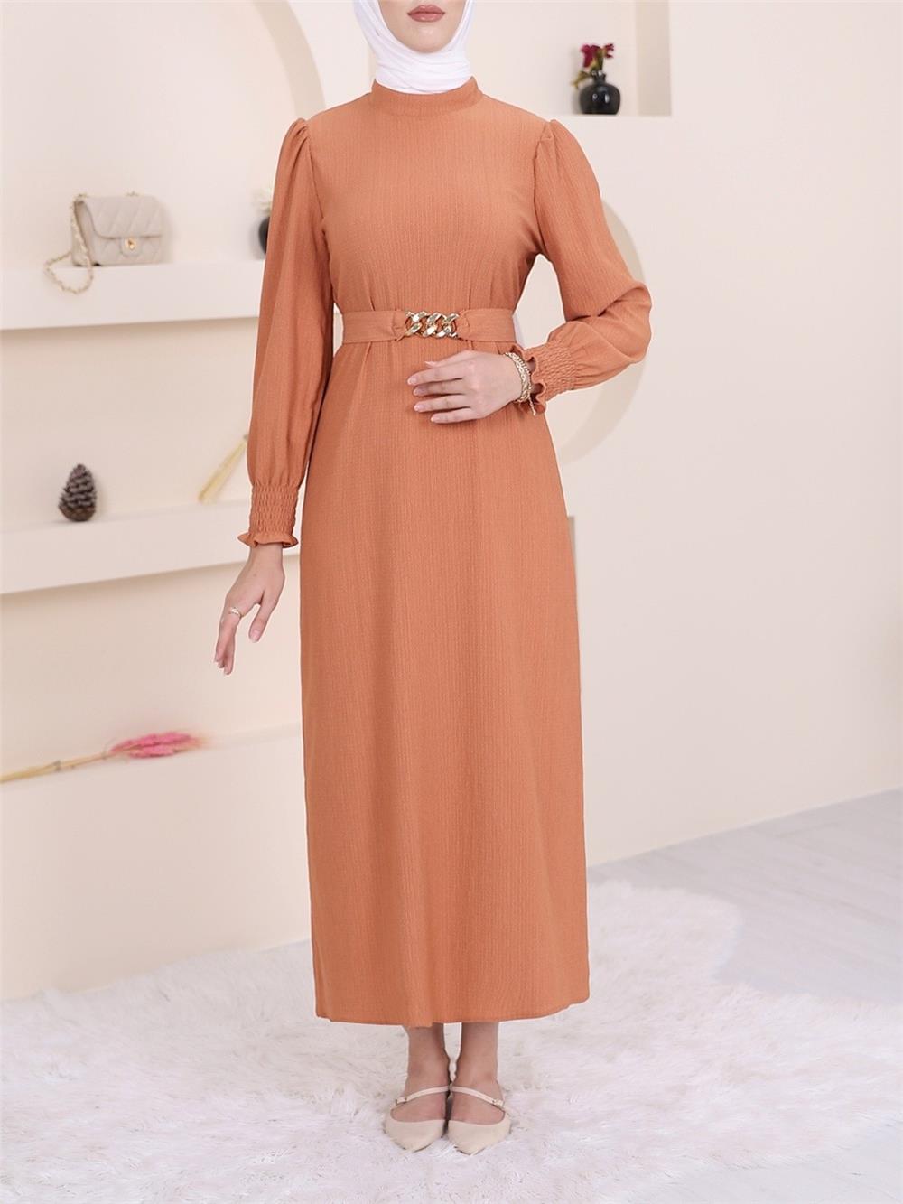 فستان حجاب مجعد ومفصل بسلسلة حزام - سلمون-347-4118-R13