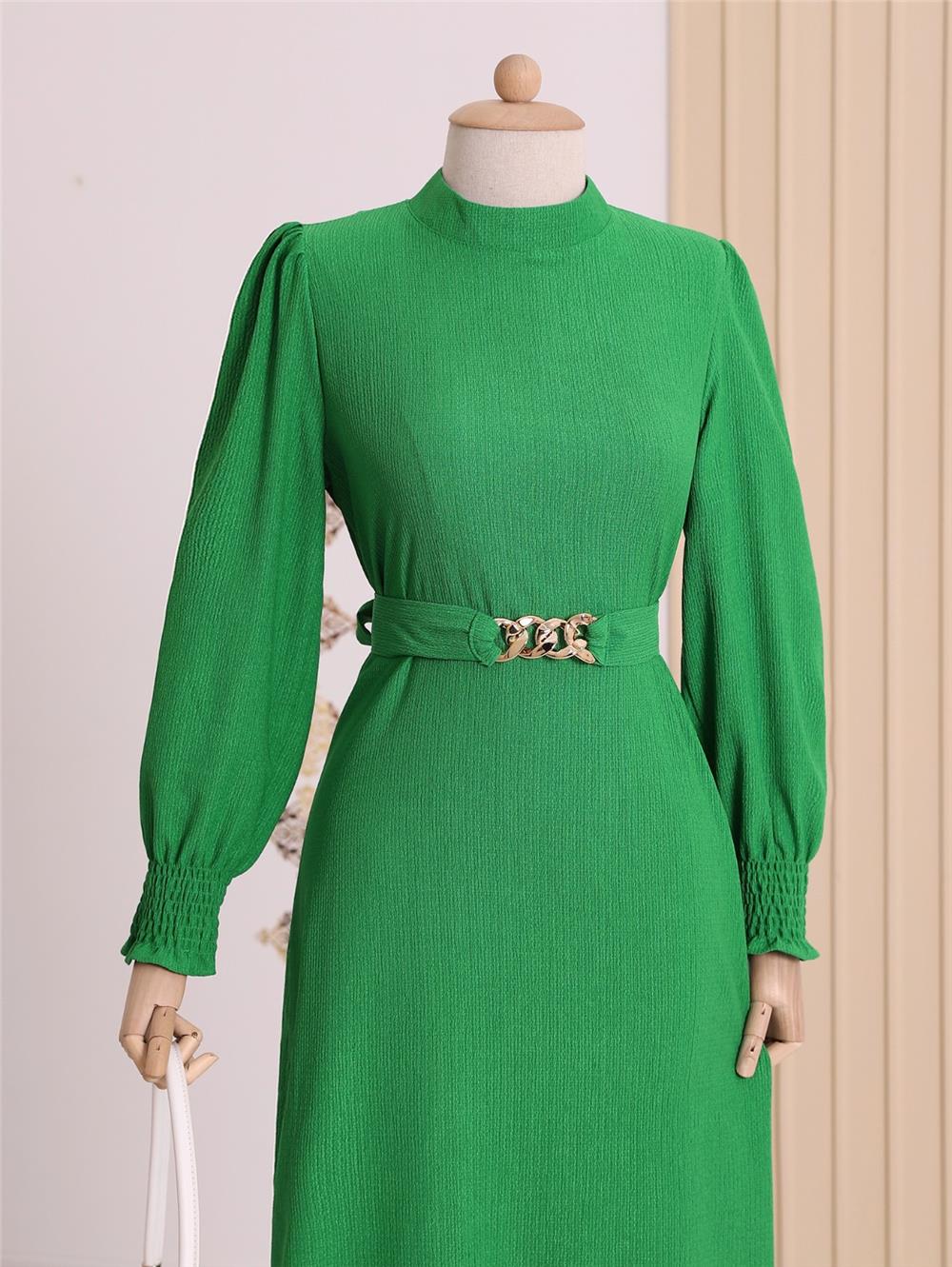 فستان حجاب مجعد ومفصل بسلسلة حزام - أخضر-347-4118-R35