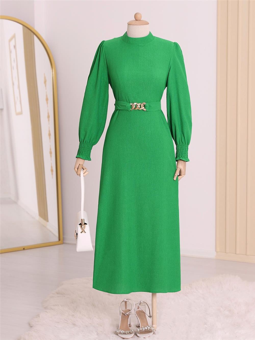 فستان حجاب مجعد ومفصل بسلسلة حزام - أخضر-347-4118-R35