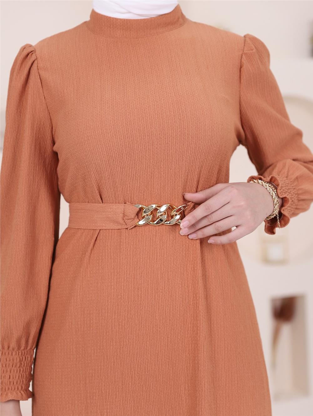 فستان حجاب مجعد ومفصل بسلسلة حزام - سلمون-347-4118-R13
