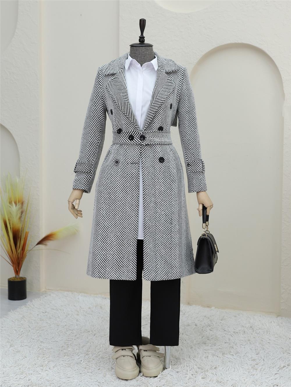 Belted Lined Bolero Detailed Coat - Gray-383-9609-R11