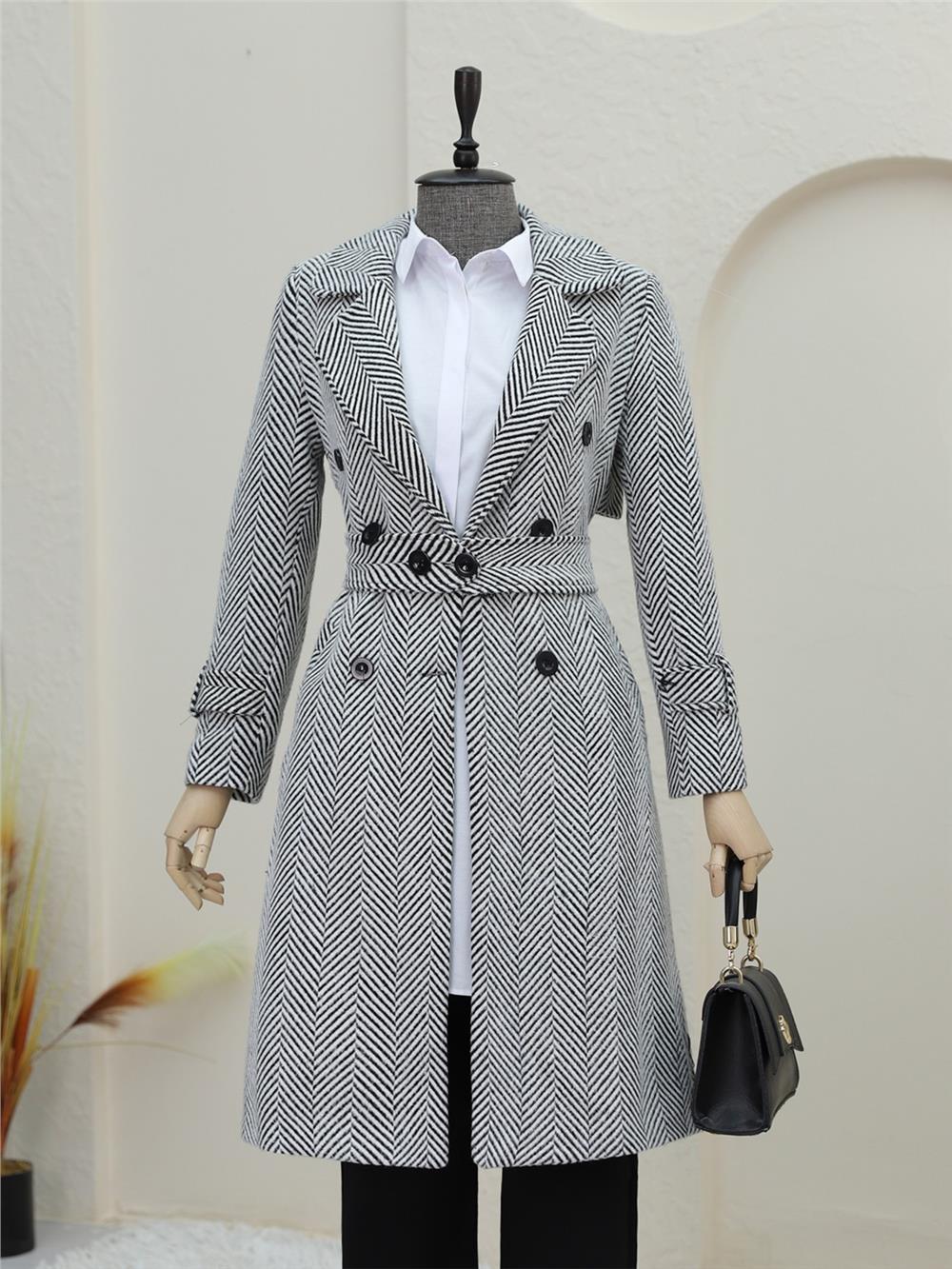 Belted Lined Bolero Detailed Coat - Gray-383-9609-R11