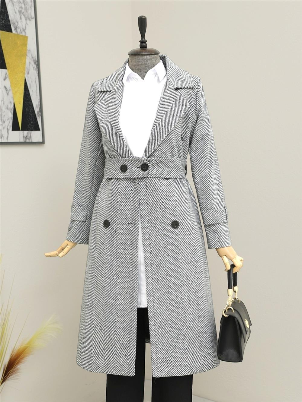Belted Lined Bolero Detailed Coat - Gray-383-9609-R11