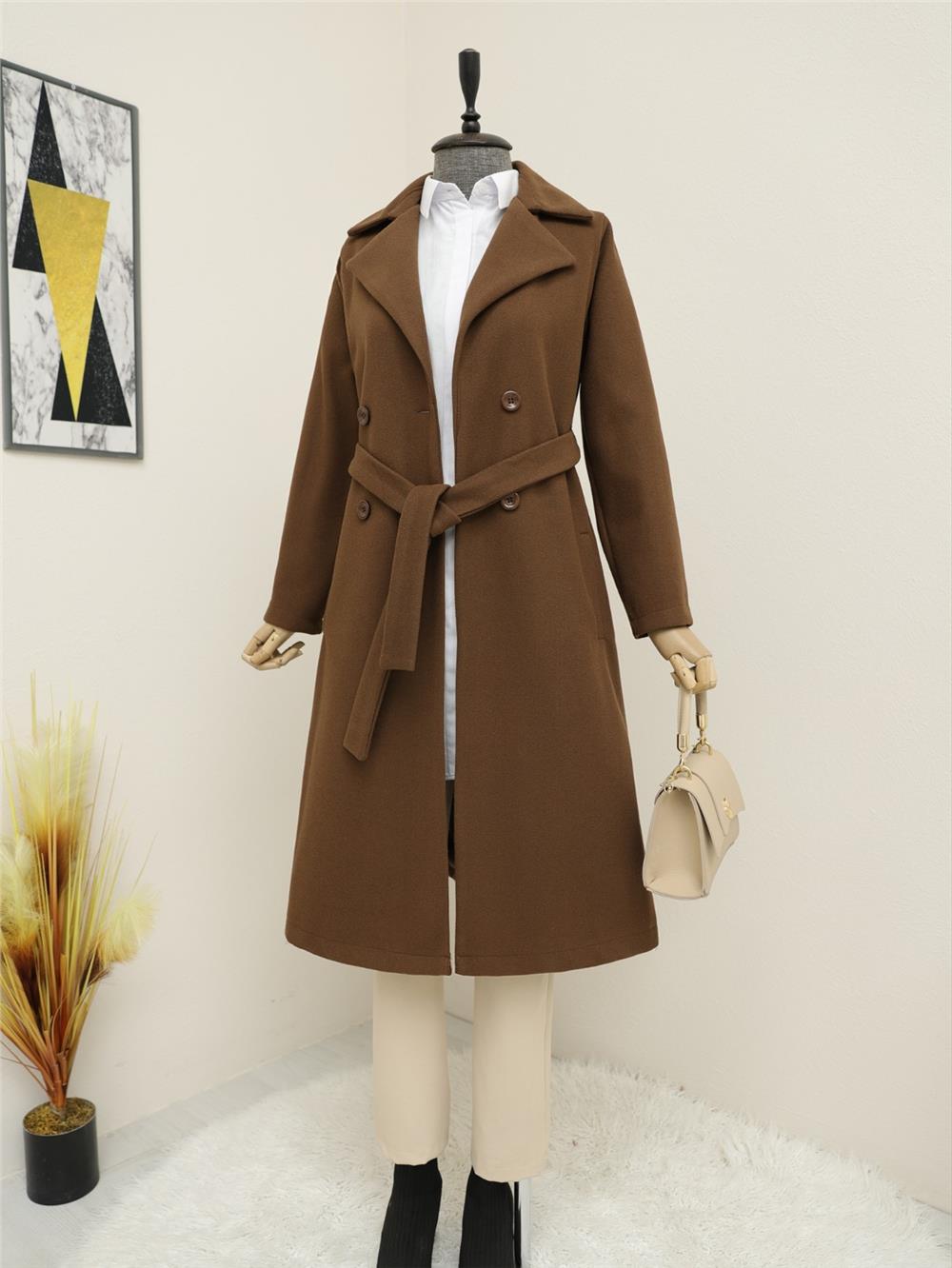 Kemerli Astarlı Kaşe Kaban  -K. Kahve-386-5930-R54