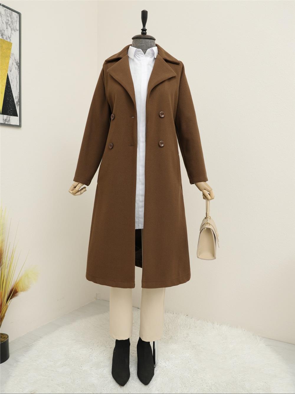 Kemerli Astarlı Kaşe Kaban  -K. Kahve-386-5930-R54