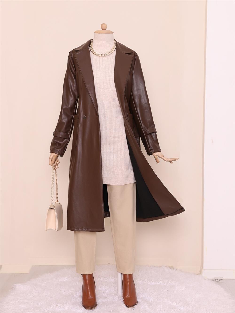 Belted Pocketed Hijab Leather Trench Coat - Brown-197-2124-R15